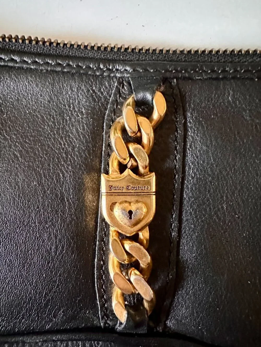 Vintage Y2K Juicy Couture Black Leather Heart Lock Baguette Bag
